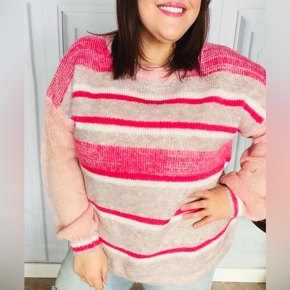 Reg. & Plus Size Soft Fuzzy Knit Pink Striped Sweater, Relaxed Fit, Multicolored - Picture 10 of 12